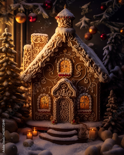 Generative AI, holiday concept. Merry and happy New Year background. gingerbread houses with lights and Christmas decorations. 