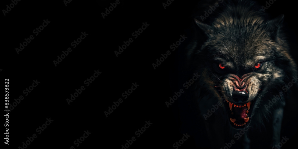 evil angry looking black wolf with glowing red eyes. header banner template.  sharp teeth. sharp fangs.  - obrazy, fototapety, plakaty 