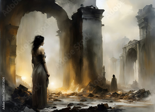 painting of a woman in a dress standing looking at another person in the distance in the ruins of a destroyed city