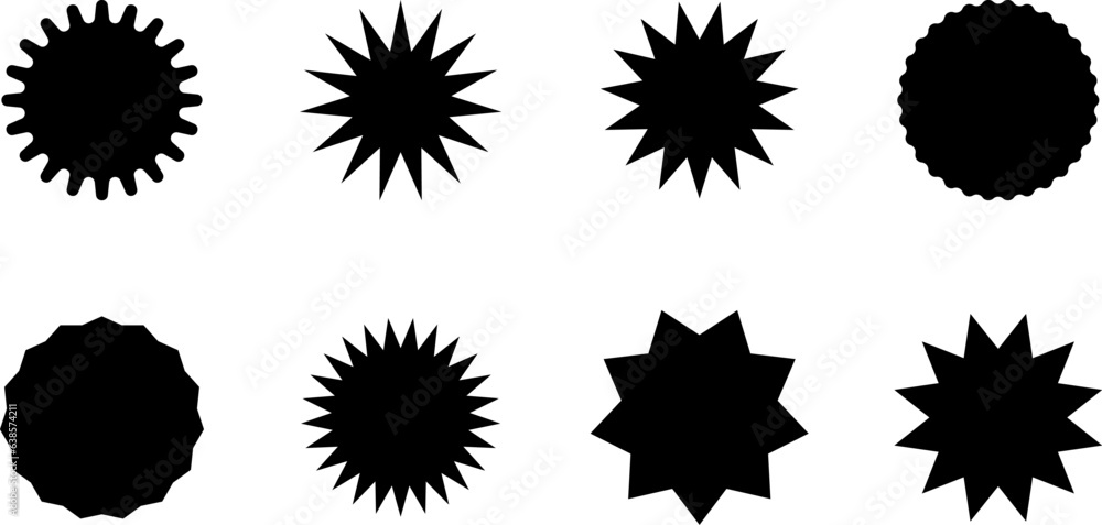 Set of vector starburst, sunburst badges - collection of special offer sale oval and round shaped sunburst labels and badges. Promo stickers with star edges. Vector.
