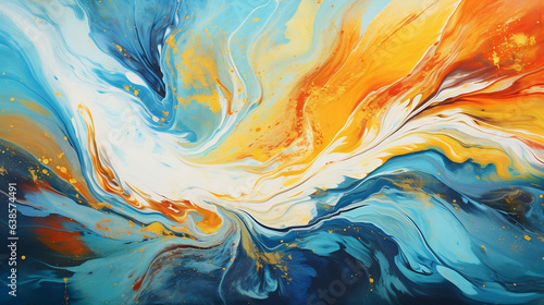 Abstrakcyjne piękne tło - kolorowe akryle na płótnie. Wzorzysty obraz. Niebieskie i pomarańczowe odcienie. Tekstura do projektów banerów. © yeseyes9