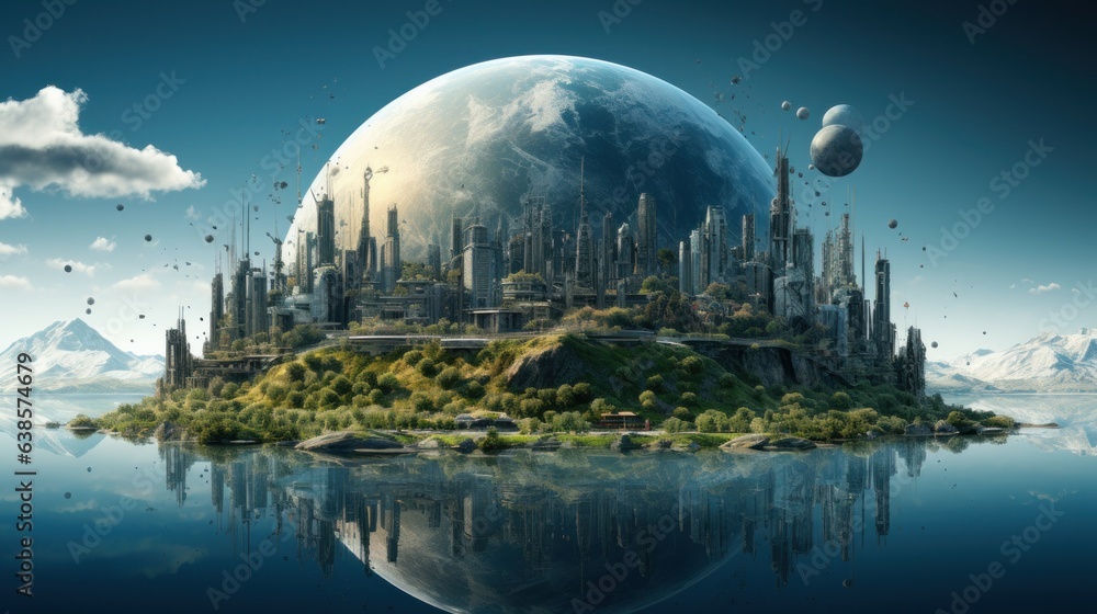 Symbolic 3D image of the globe among elements human activity and nature landscape. Eliminate waste and pollution, save clean planet. Saving nature for future generations. Earth Day, ecology concept. - obrazy, fototapety, plakaty 
