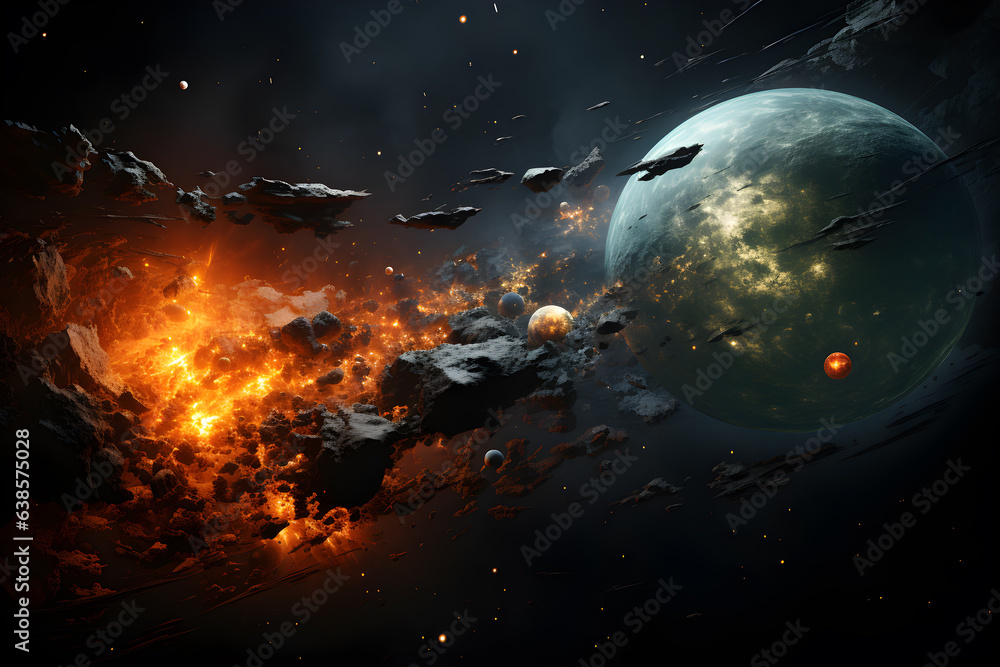 Fototapeta premium Planets colliding with a flaming asteroid belt. Generative AI