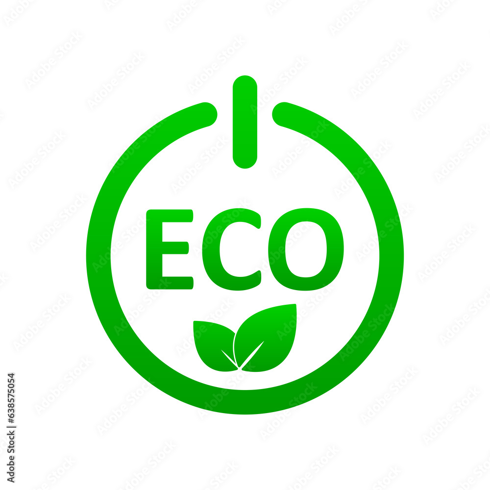 Eco friendly sticker, label, badge, button. Ecology icon. Stamp template for organic products with green leaves. Vector illustration isolated on white background Eco friendly sticker, label, badge, button. Ecology icon. Stamp template for organic products with green leaves. Vector illustration isolated on white background
