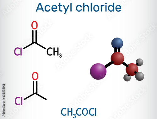 Acetyl chloride molecule. It is acyl chloride, acyl halide. Structural chemical formula and molecule model. Vector