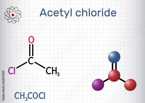 Acetyl chloride molecule. It is acyl chloride, acyl halide. Sheet of paper in a cage. Structural chemical formula, molecule model. Vector
