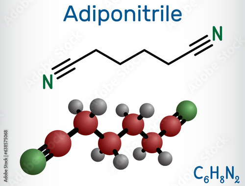 Adiponitrile molecule. It is precursor to the polymer nylon 66. Structural chemical formula and molecule model. Vector