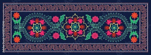Suzani  - home interior element in the countries in the Central Asian region. Gorgeous shapes of flowers and plants decorate this carpet. Uzbekistan culture. 