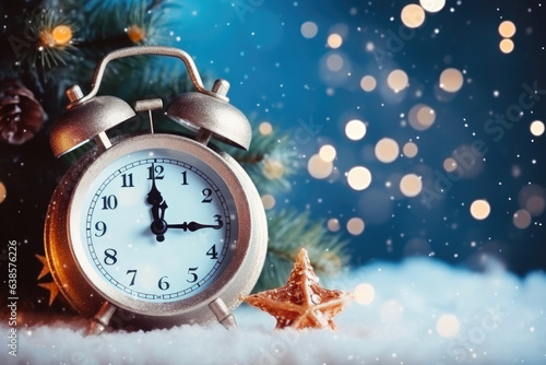New Year's Clock and Decor in Snowy Festivity