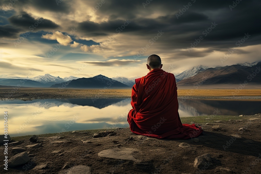 tibetan monk meditating on the mountain