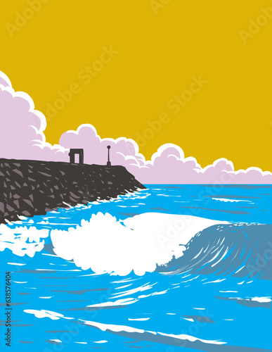 WPA poster art of surf beach at South Mission Jetty in Mission Beach, San Diego, California CA, United States of America USA done in works project administration.
