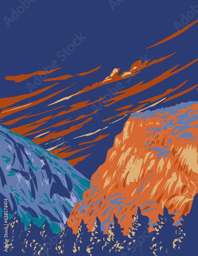WPA poster art of Smugglers Notch State Park with Mount Mansfield and Sterling Mountain near Stowe in Lamoille County, Vermont, New England USA done in works project administration or Art Deco style.
