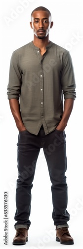 portrait of a handsome young black african american man standing full height. full male body seen. hands in pockets. looking forward. isolated on white background. Generative AI