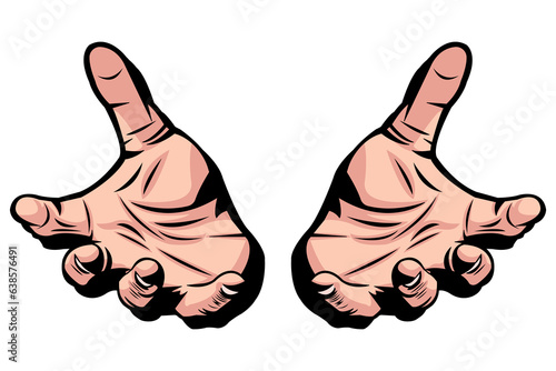 Simple vector illustration of two open hands. Human body. Body part. Human hands. Male hands. Two hands. Open Arms. Prayer gesture. Begging for something.