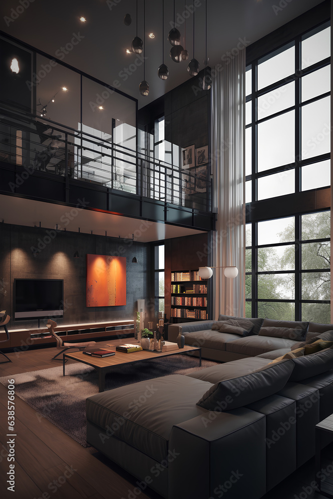 Loft style interior of living room with stairs in luxury house. Loft style interior of living room with stairs in luxury house.