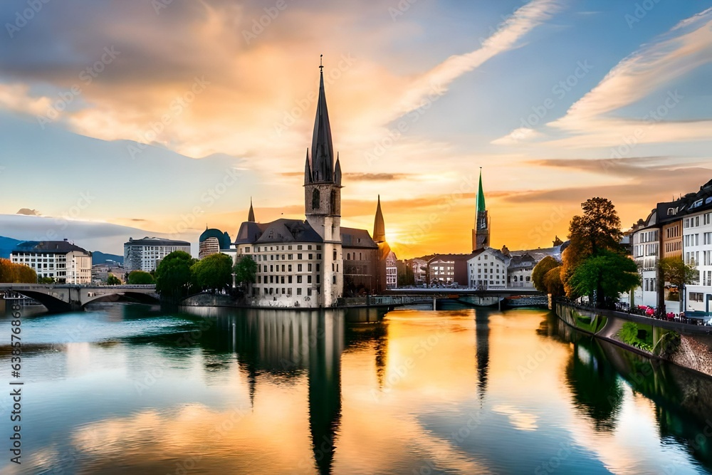 Naklejka premium sunset over the river