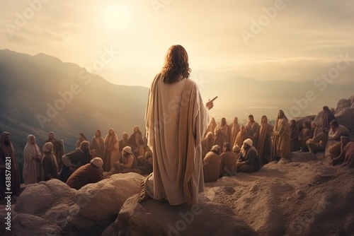 Jesus Christ's Sermon on the Mount. Jesus is on a mountain preaching to a large crowd of people.  AI generation photo
