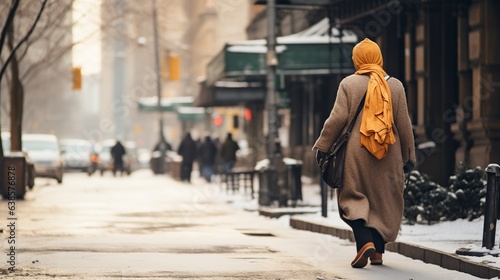 senior muslim woman dressed in coat walking on the street