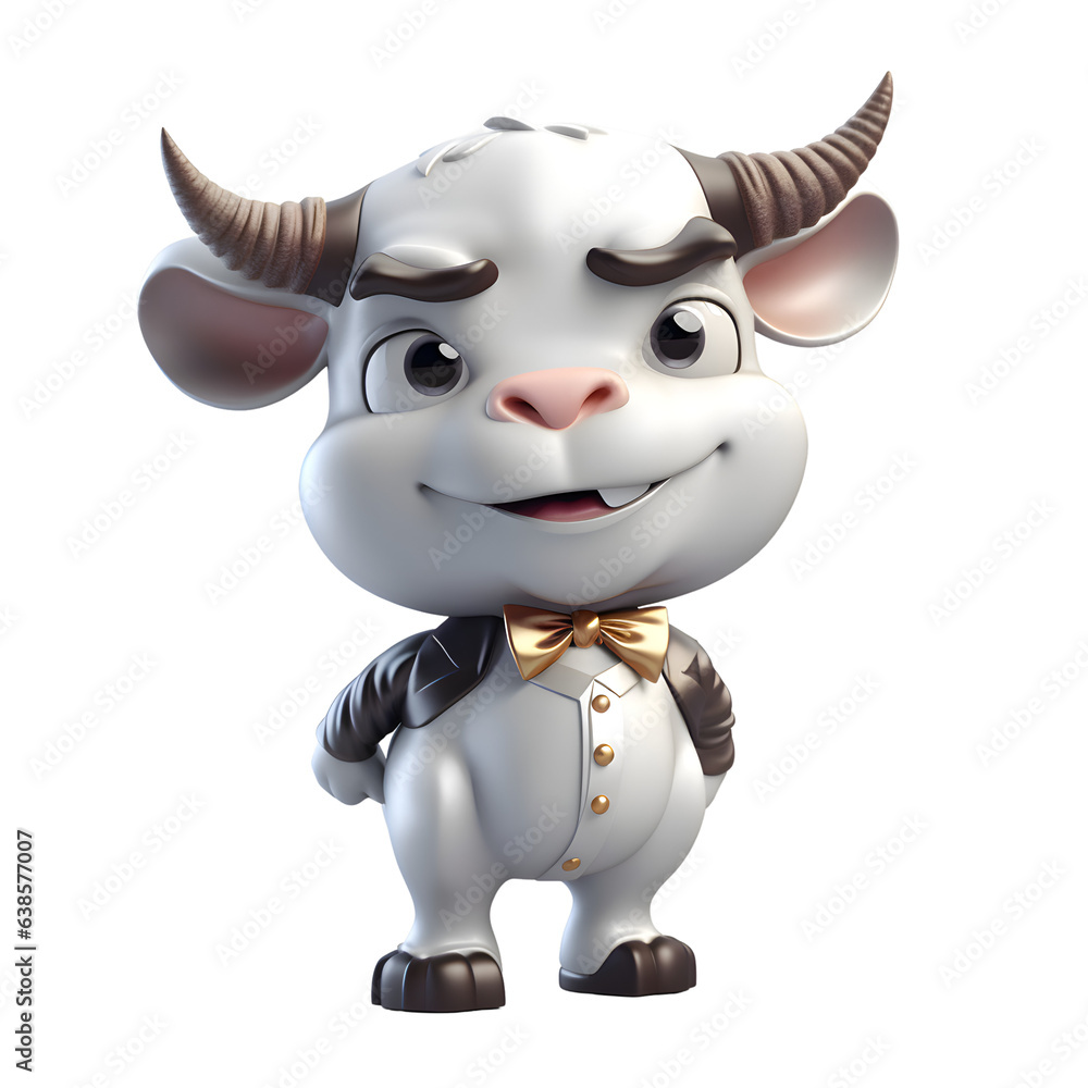 Cute cartoon bull isolated on a white background. 3d render