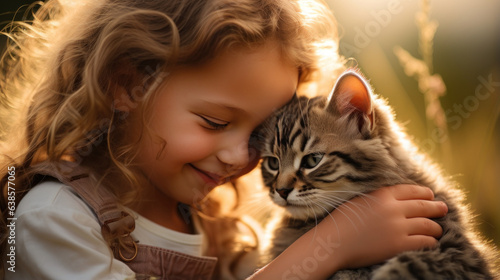 portrait intime d'une petite fille avec son chaton tigré, lumière arrière photo