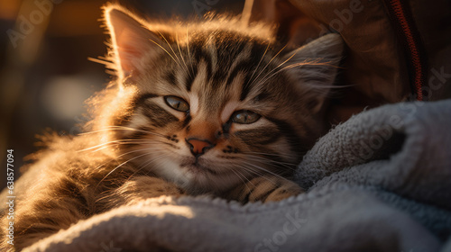 petit chaton à moitié endormi sur une couverture bleu, photo à contre jour © Sébastien Jouve