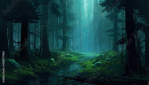 Watercolor illustration of misty dark pine forest.
