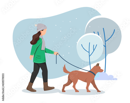 Women walking dog in cold snow winter - Stock Illustration