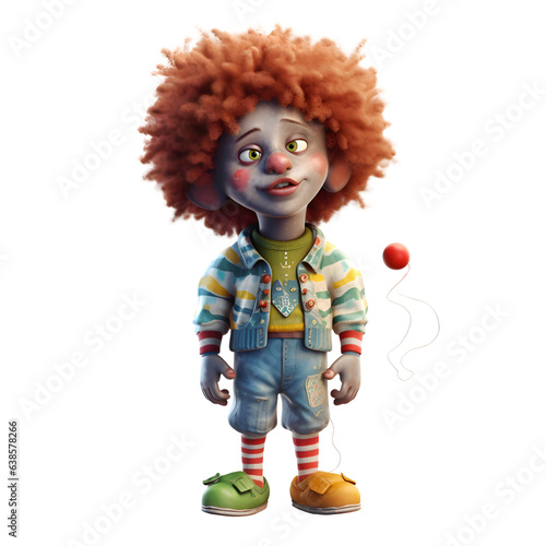 Clown boy with red hair and clown nose. 3d rendering