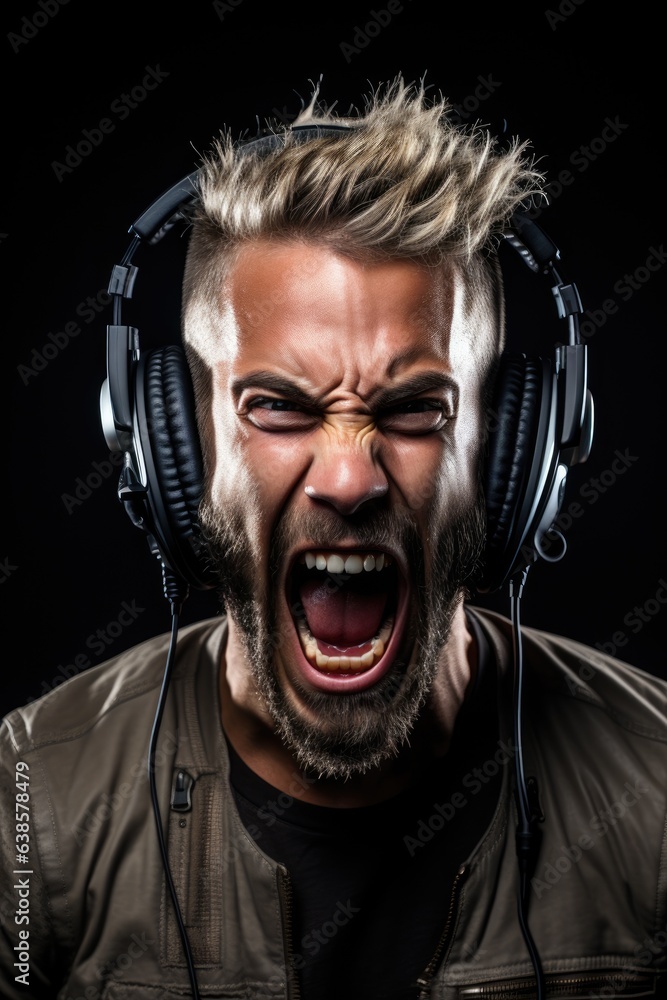 Shouting man annoyed by loud music. Annoyed man has loud music in headphones. Generative AI Shouting man annoyed by loud music. Annoyed man has loud music in headphones. Generative AI