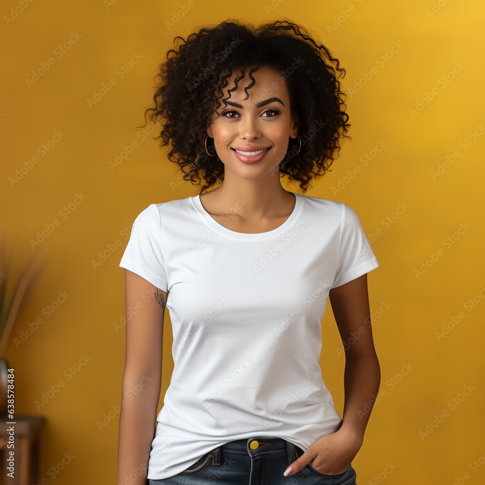 Sexy woman in a white T-shirt on the orange background. Mock-up. Sexy woman in a white T-shirt on the orange background. Mock-up.