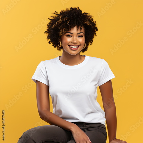 Sexy woman in a white T-shirt on the orange background. Mock-up.