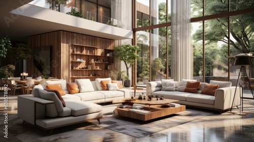 Modern living room interior in luxury open to below house. Comfortable white sofas, coffee table, houseplants. Floor-to-ceiling window with garden view. Contemporary home decor. 3D rendering. © Georgii