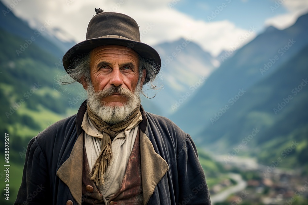 old swiss man in the alps wearing traditional costume