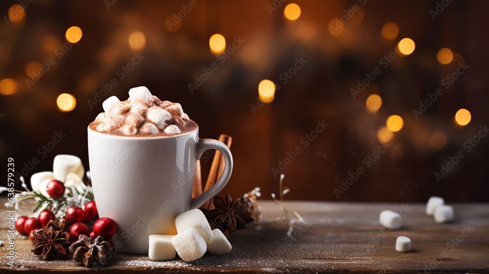 Mug of hot cocoa with marshmallows on the background of Christmas lights - obrazy, fototapety, plakaty 