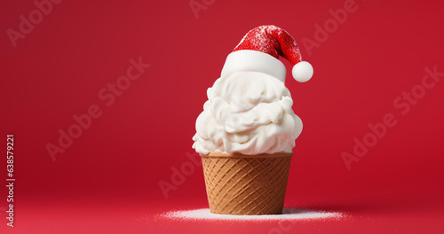 Ice cream in santa claus hat on red background, copy space for text