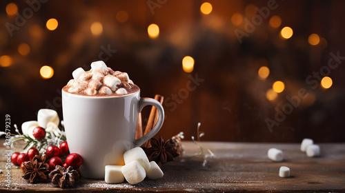 Foto Mug of hot cocoa with marshmallows on the background of Christmas lights