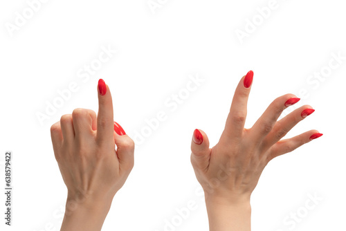 Closeup of female hand with pale skin and red nails pointing or touching.