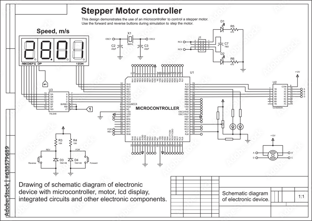 Schematic diagram of electronic device with motor 
operating under the control of a microcontroller.
Vector drawing electrical circuit with button, controller, lcd display
and electronic components.