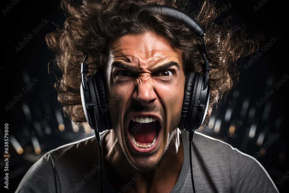 Shouting man annoyed by loud music. Annoyed man has loud music in headphones. Generative AI Shouting man annoyed by loud music. Annoyed man has loud music in headphones. Generative AI