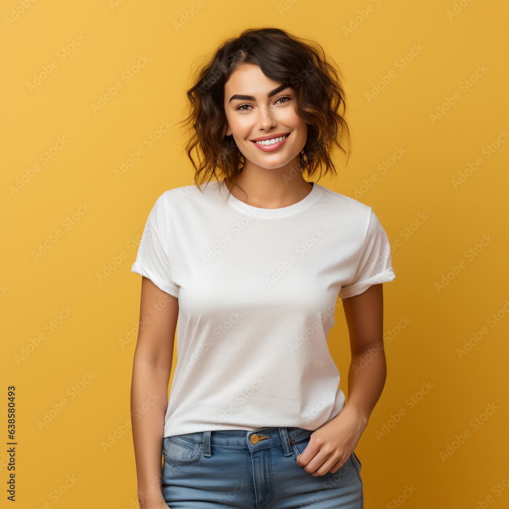 Obraz premium Sexy woman in a white T-shirt on the orange background. Mock-up.