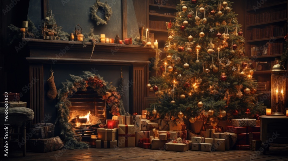 Interior of luxurious classic living room with Christmas decoration. Blazing fireplace, garlands and burning candles, elegant Christmas tree, gift boxes. Christmas and New Year celebration concept.