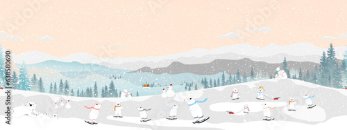 Winter landscape,Seamless pattern Christmas night cute polar bear family playing ice skate on hills,Vector  seamless Winter wonderland bear celebrating in forest,Merry Christmas,New year background