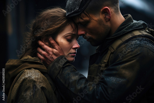 Woman and soldier in a military uniform say goodbye before a separation. Generative AI