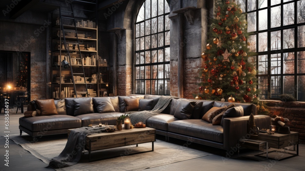 Interior of loft style living room in luxury cottage with Christmas decoration. Corner sofa, coffee table, bookcase, burning candles, elegant Christmas tree, arch windows with garden view. Interior of loft style living room in luxury cottage with Christmas decoration. Corner sofa, coffee table, bookcase, burning candles, elegant Christmas tree, arch windows with garden view.