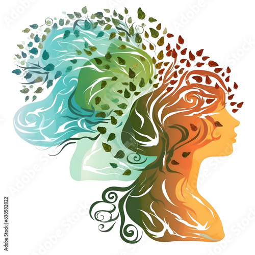 Vector illustration of a beautiful girl with green leaves in her hair.