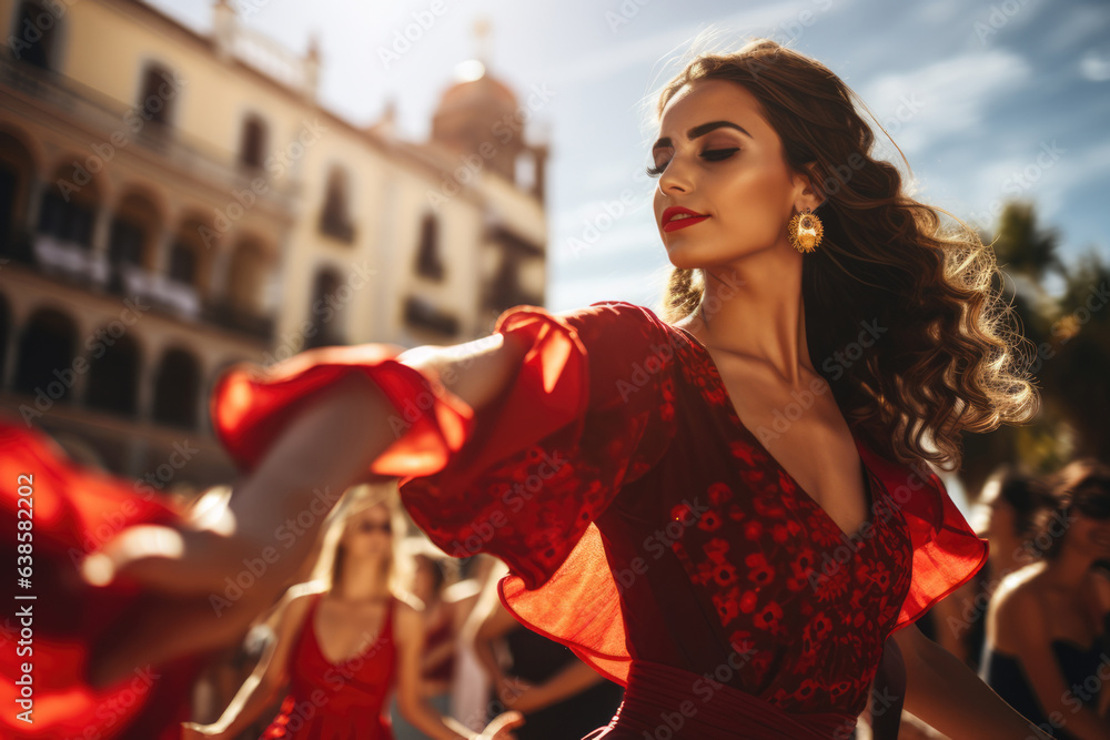 Naklejka premium Beautiful female flamenco dancer in traditional dance dress. Young woman dancing flamenco on oldtown square. Flamenco is traditional Seville dance in Spain