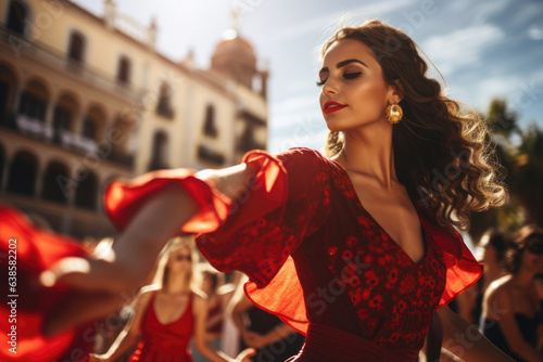 Leinwand Poster Beautiful female flamenco dancer in traditional dance dress