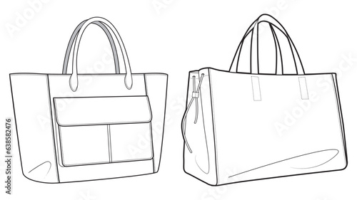 Tote bag flat sketch fashion illustration drawing template mock up, Canvas tote bag cad drawing. Carry bag flat sketch vector
