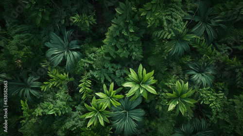 Green trees and plants jungle forest top view top down.