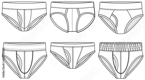 Men's brief underwear set design front and back view flat sketch fashion illustration, Gents trunk under garments drawing vector template